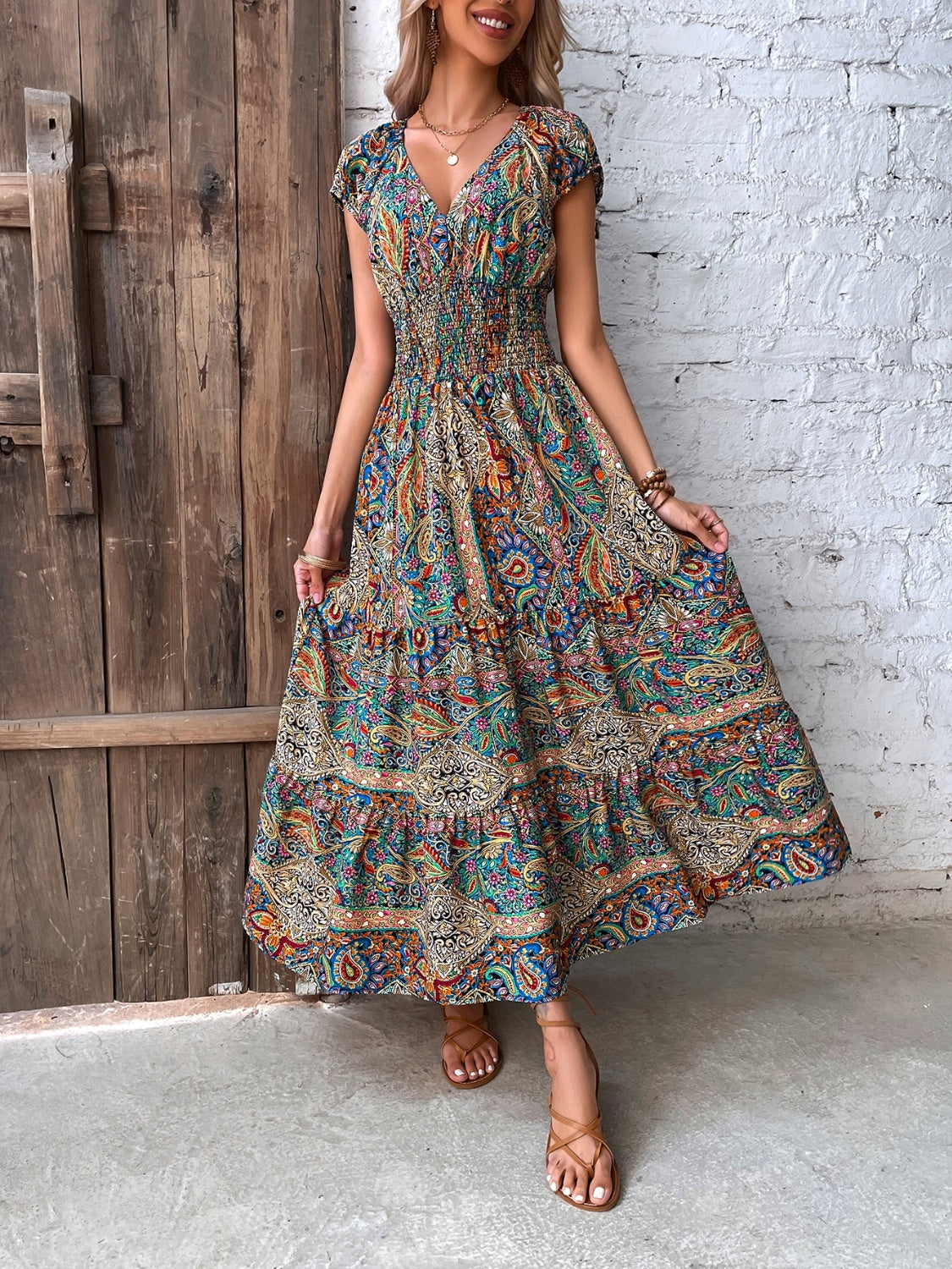 Smocked Printed Cap Sleeve Midi Dress   