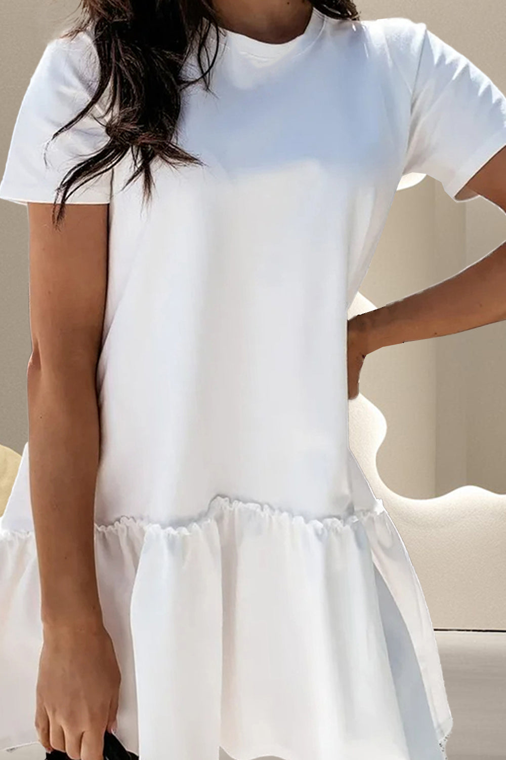 Ruffle Hem Round Neck Short Sleeve Mini Dress   