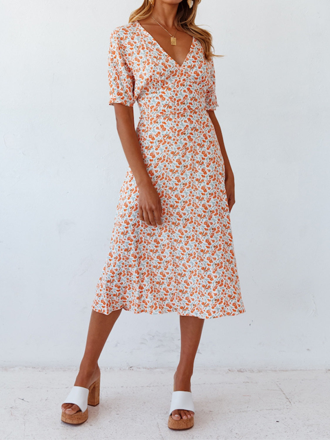 Ditsy Floral V-Neck Short Sleeve Midi Dress   