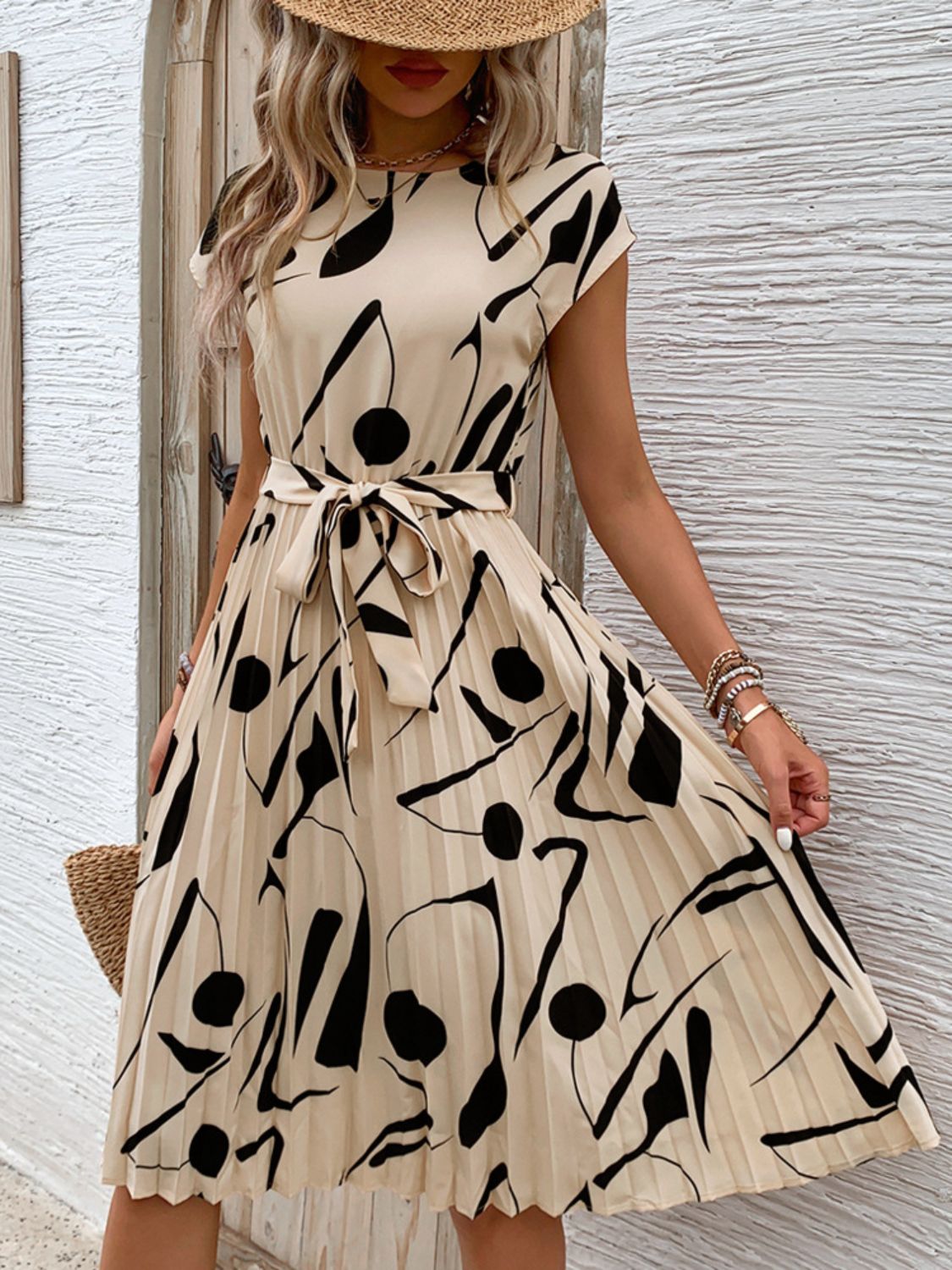 Tied Pleated Printed Cap Sleeve Dress Tan S 