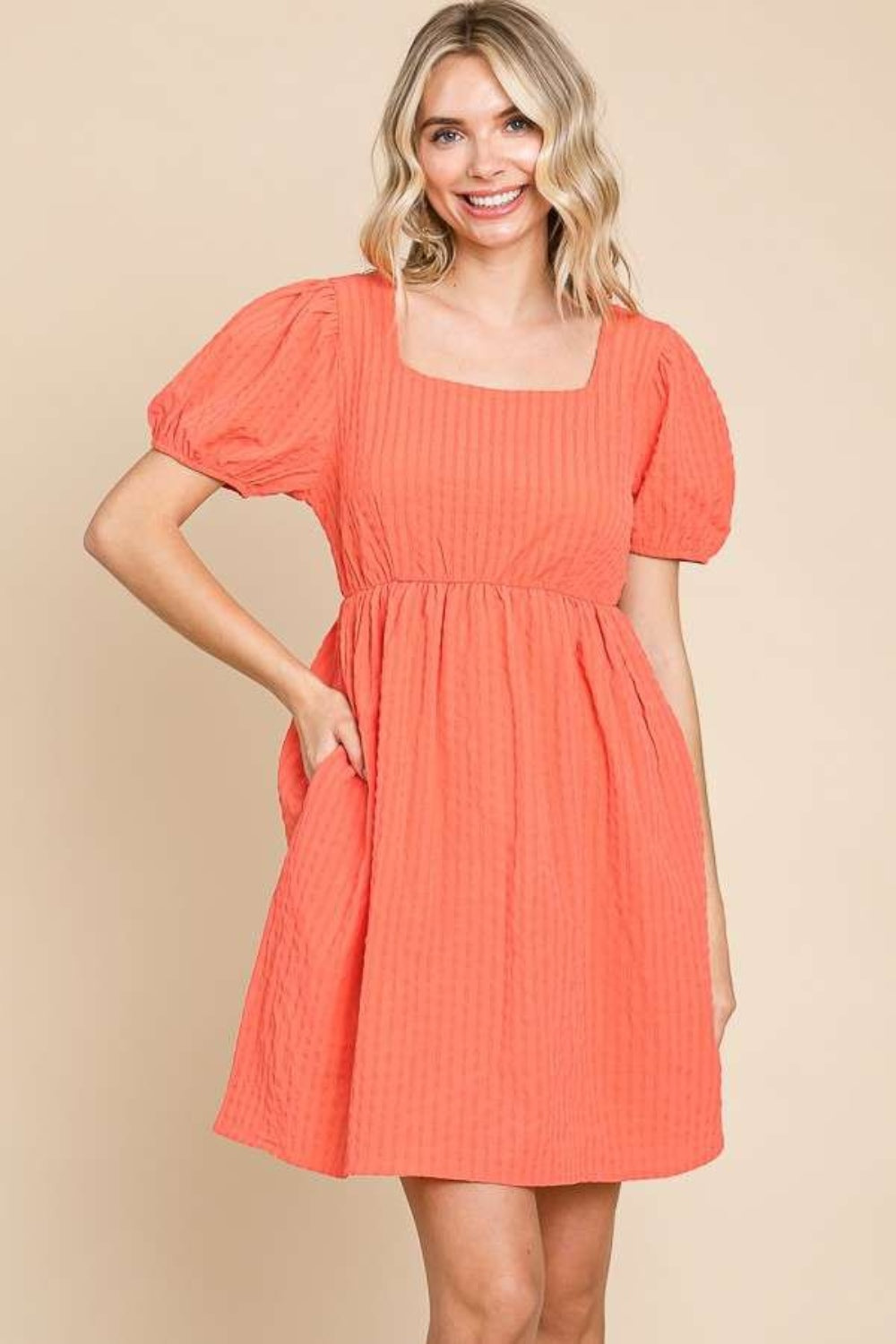 Culture Code Textured Square Neck Short Sleeve Dress Sugar Coral S 