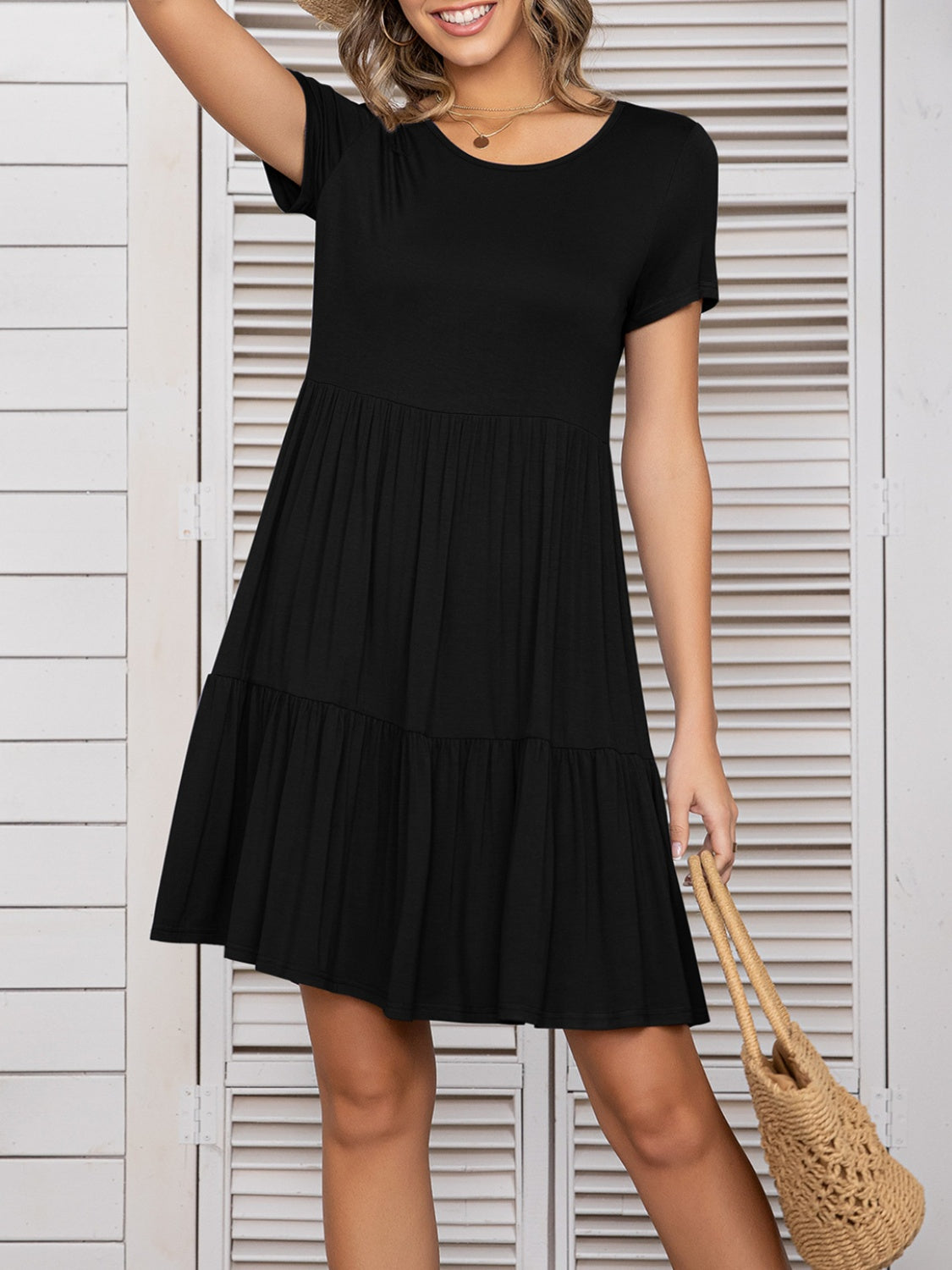 Round Neck Short Sleeve Mini Tee Dress   