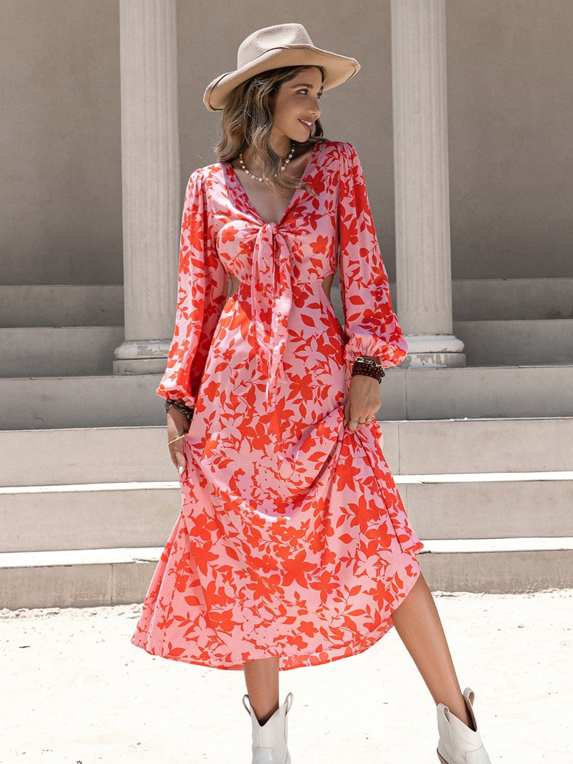 Tied Cutout Printed Long Sleeve Midi Dress   