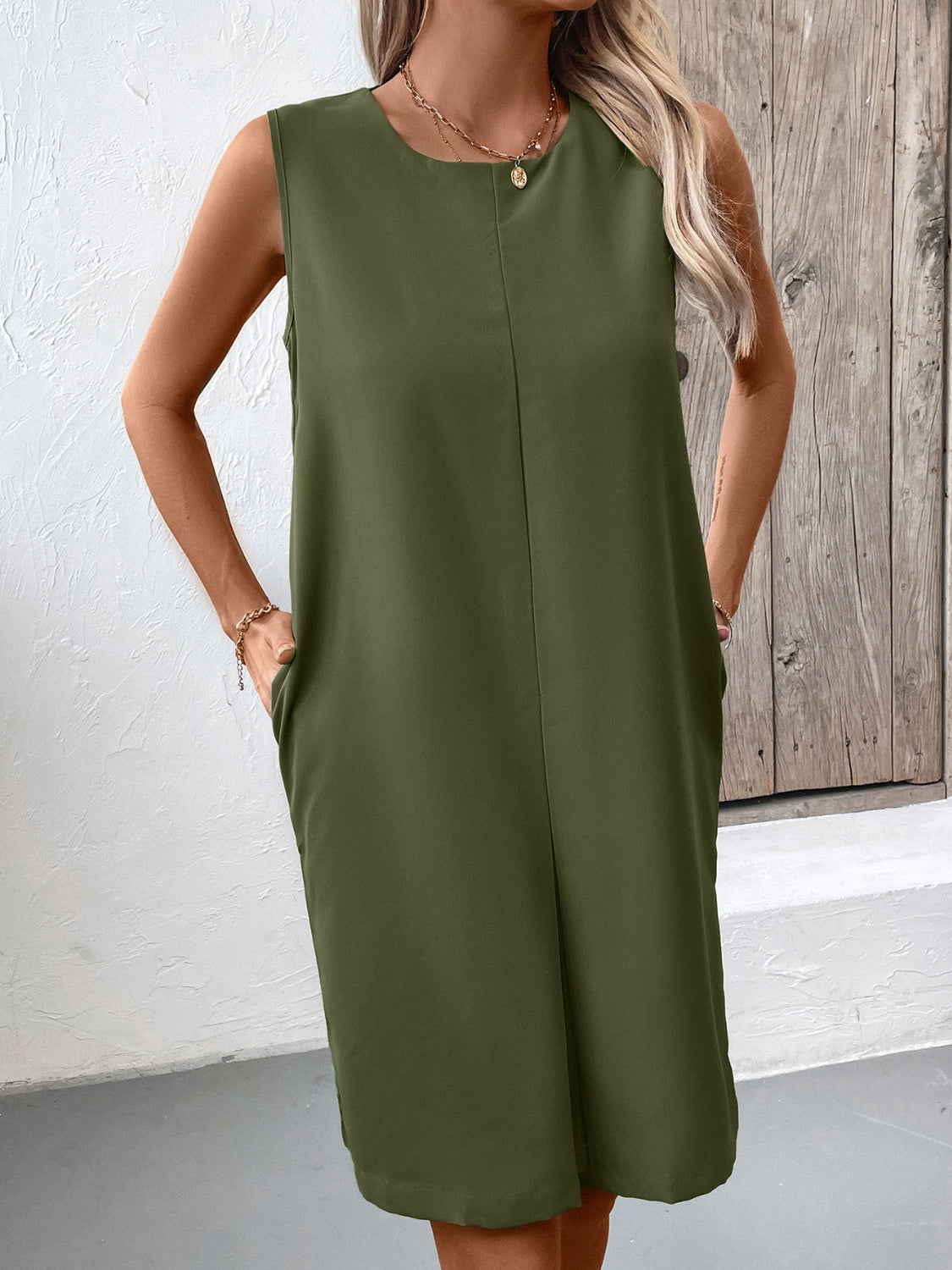 Pocketed Round Neck Sleeveless Mini Dress Army Green S 