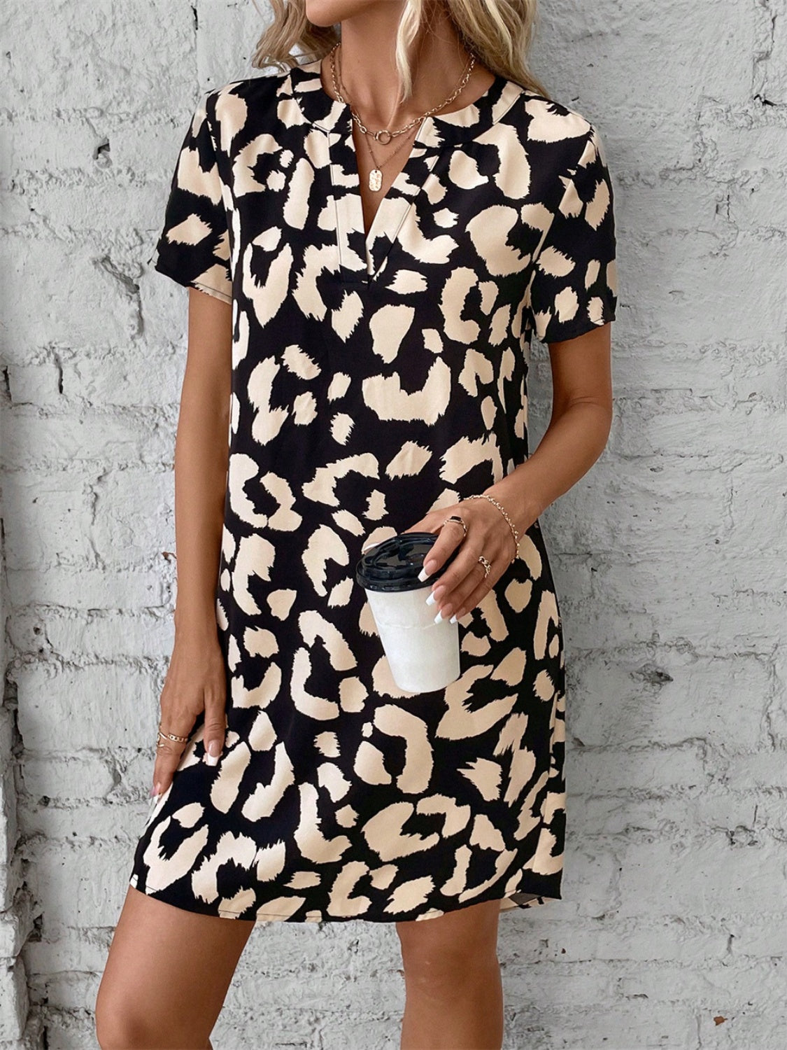 Printed Notched Short Sleeve Mini Dress Black S 