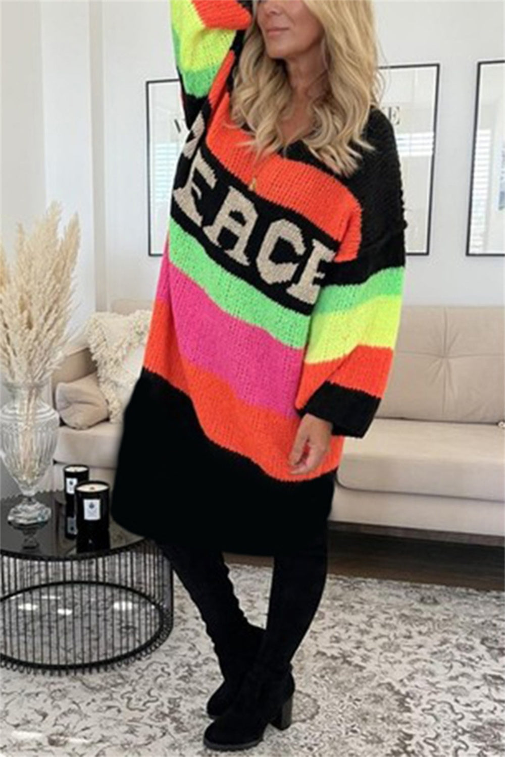 Color Block V-Neck Long Sleeve Sweater Dress Black S/M 