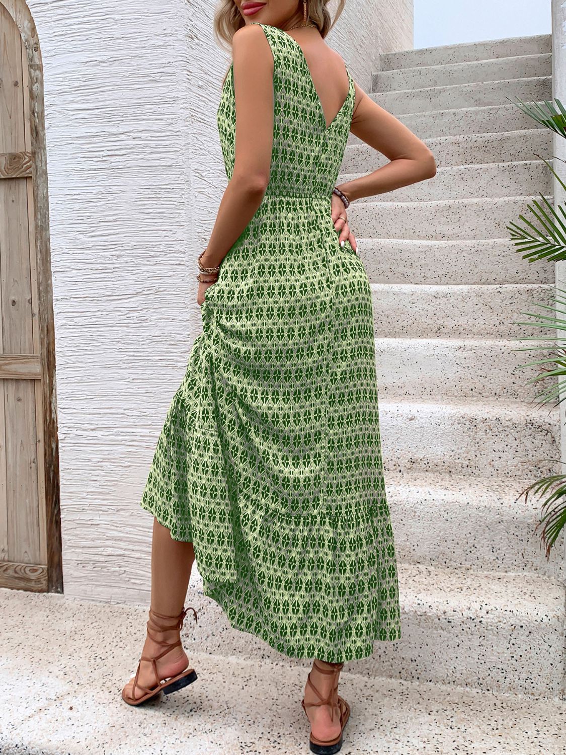 Printed V-Neck Tie Waist Midi Dress   