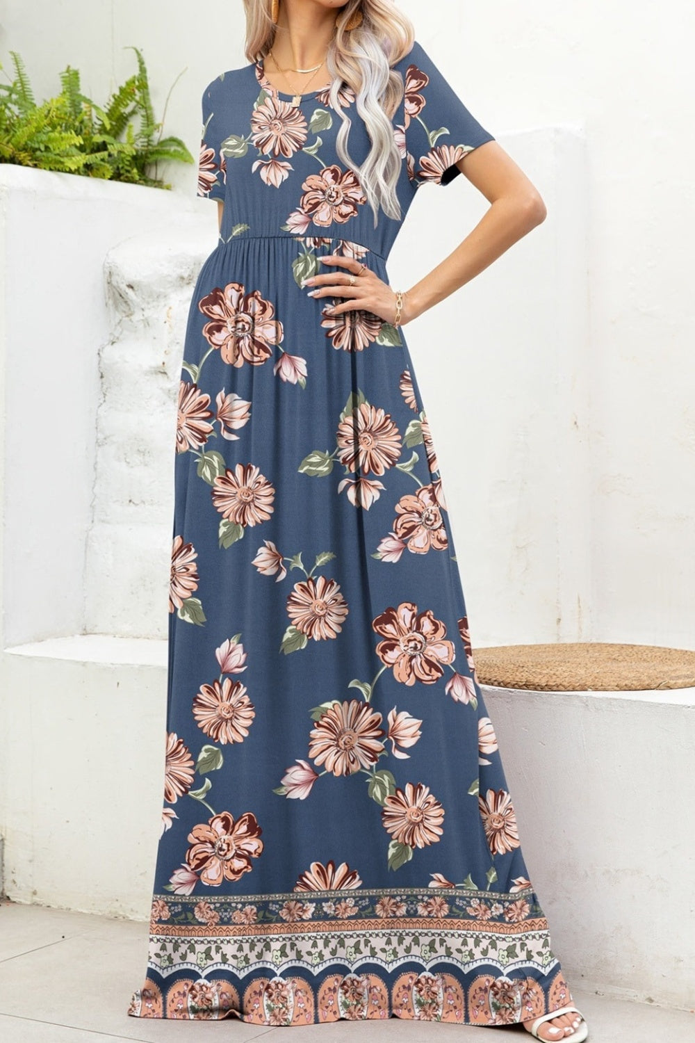 Printed Round Neck Short Sleeve Maxi Dress   