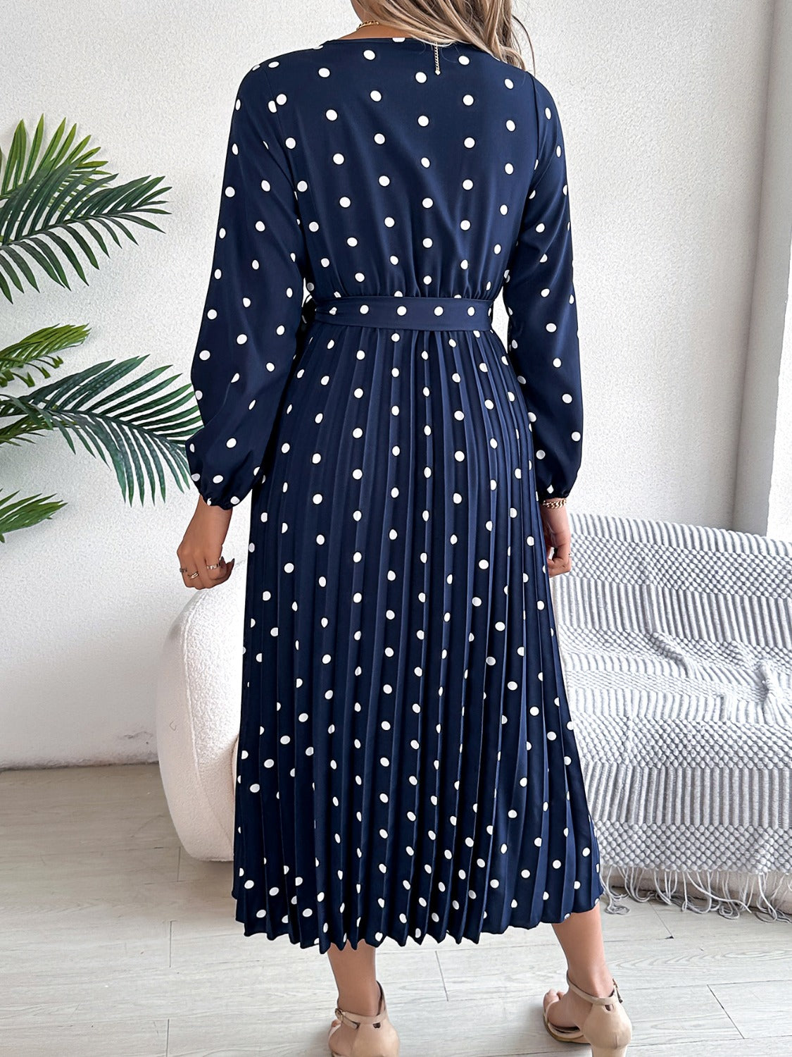 Tied Polka Dot Long Sleeve Midi Dress   