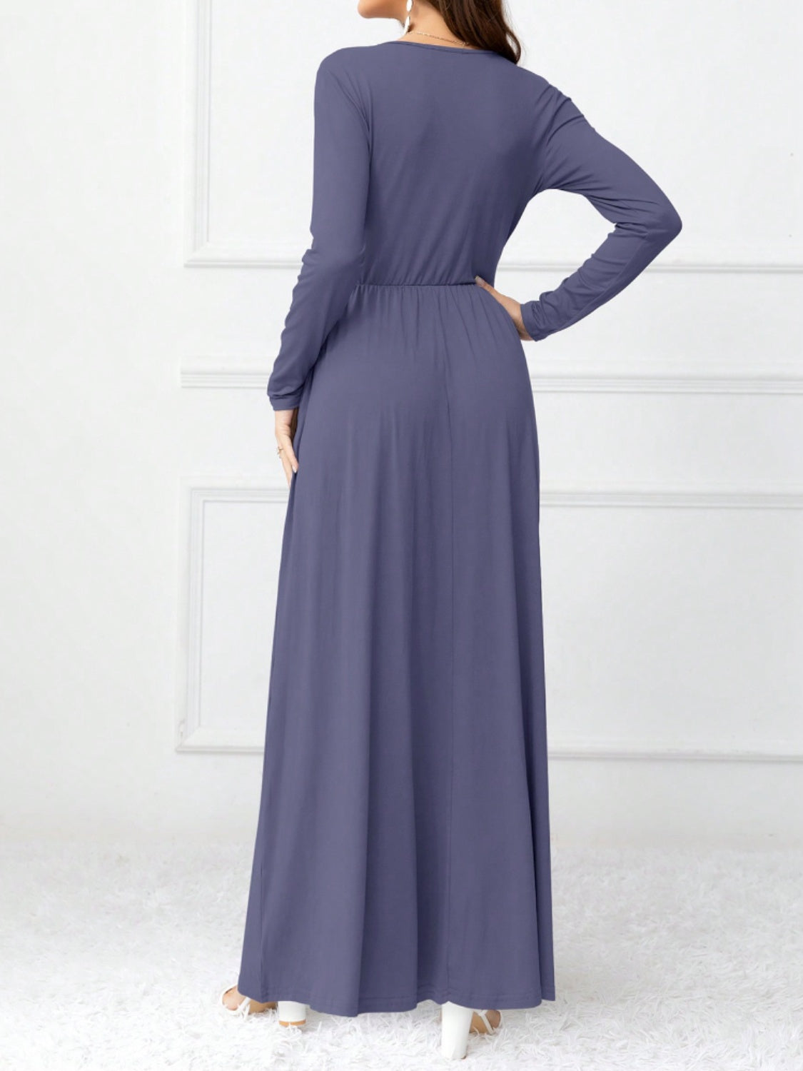 Pocketed Surplice Long Sleeve Maxi Dress   