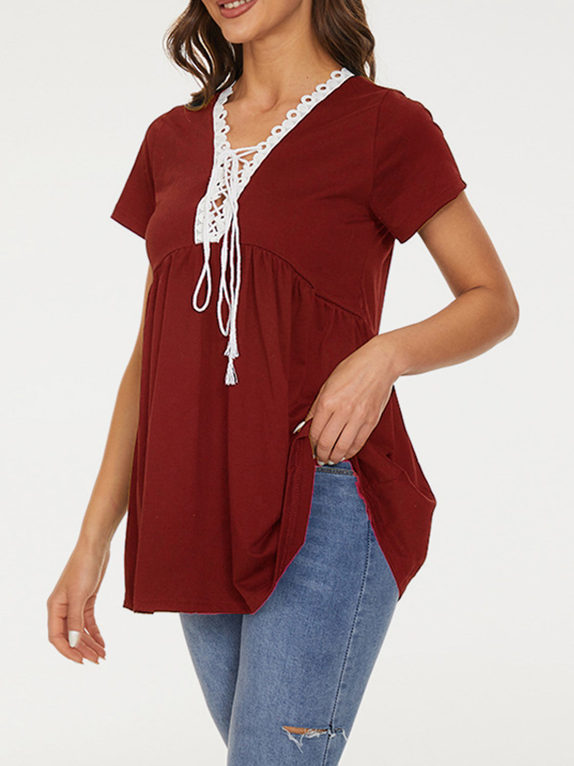 STUNNLY  Lace Detail Tie Neck Short Sleeve T-Shirt Wine S 