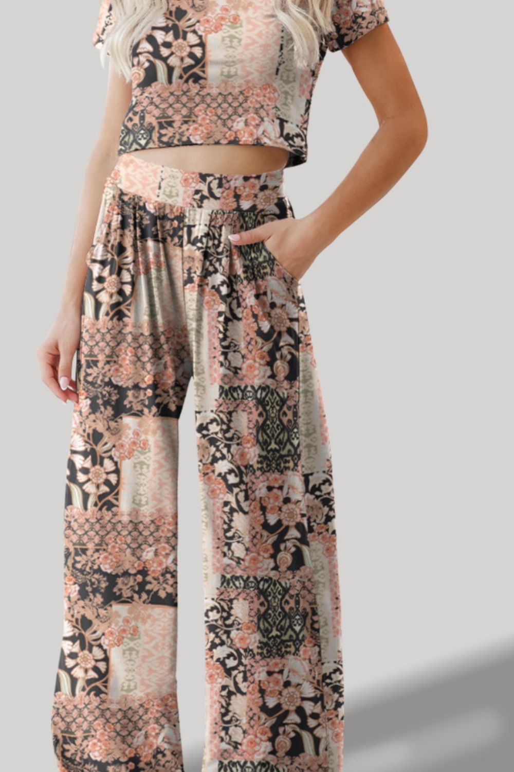 STUNNLY  Printed Round Neck Short Sleeve Top and Pants Set   