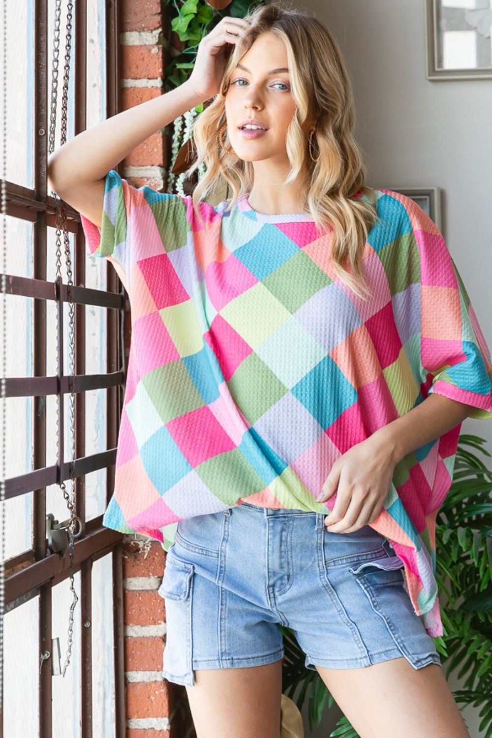 HOPELY Color Block Waffle Oversized T-Shirt   