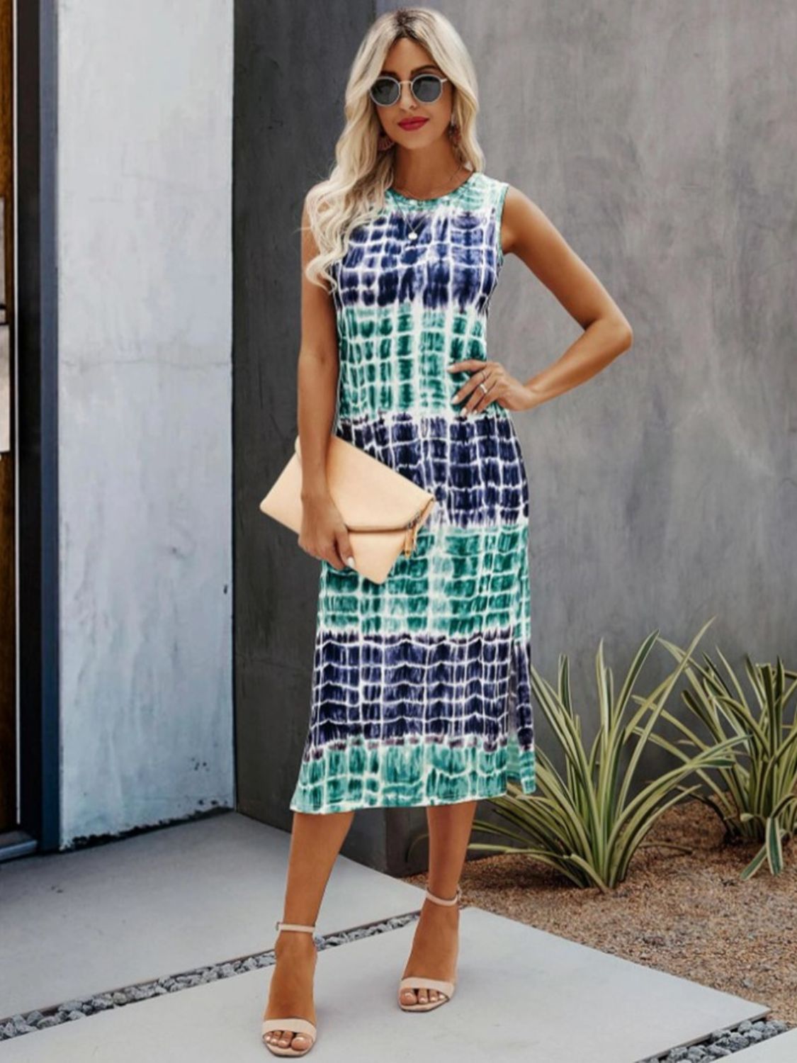 Slit Printed Round Neck Sleeveless Dress   