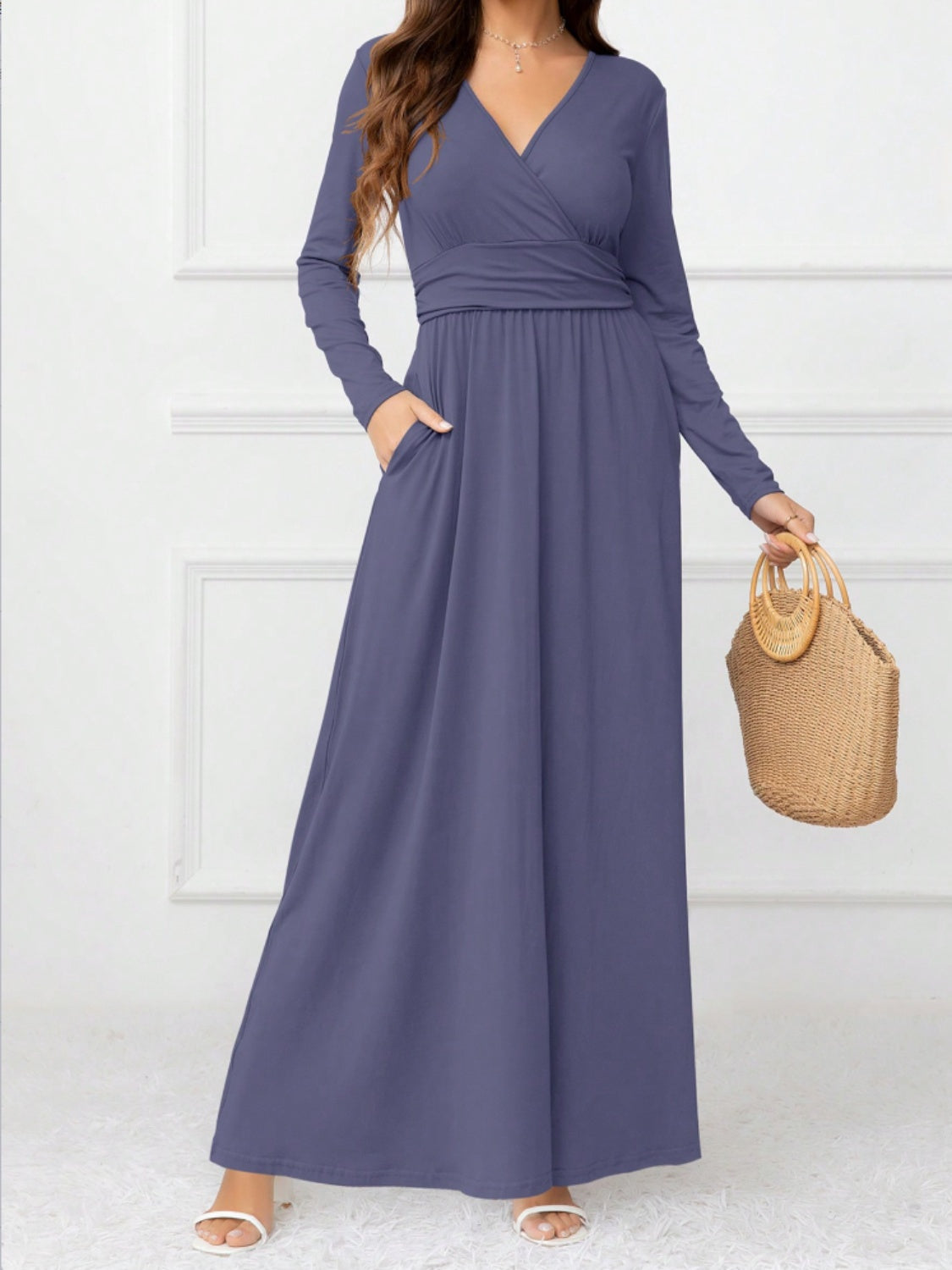 Pocketed Surplice Long Sleeve Maxi Dress   