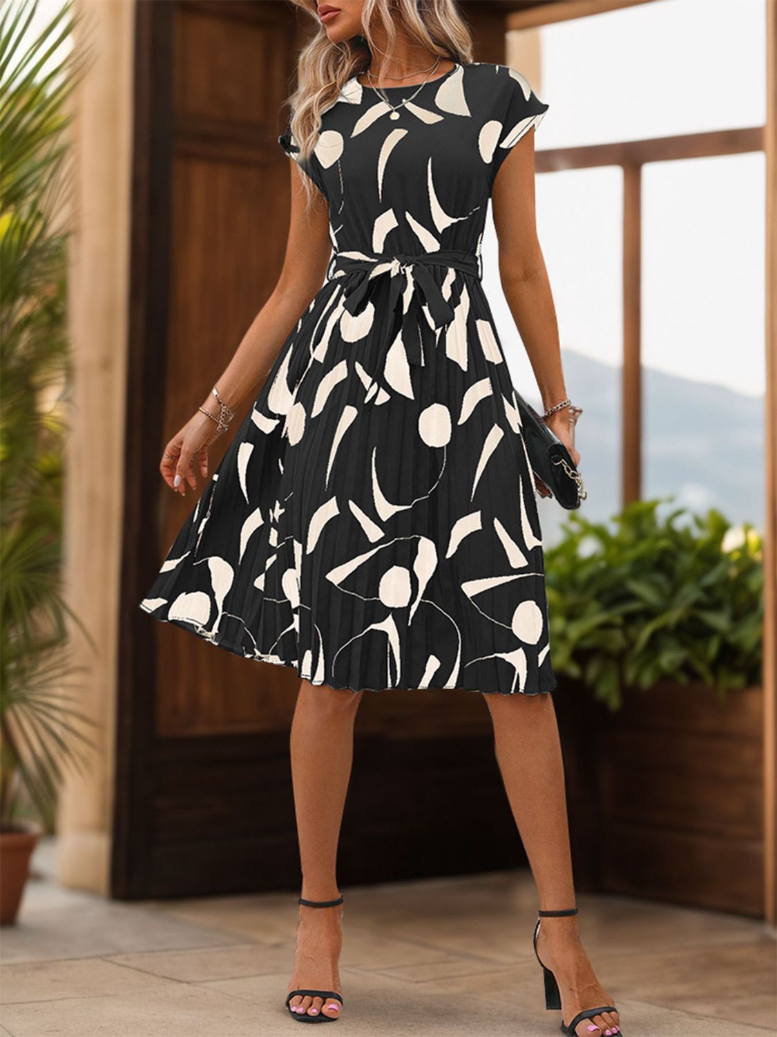 Tied Pleated Printed Cap Sleeve Dress   