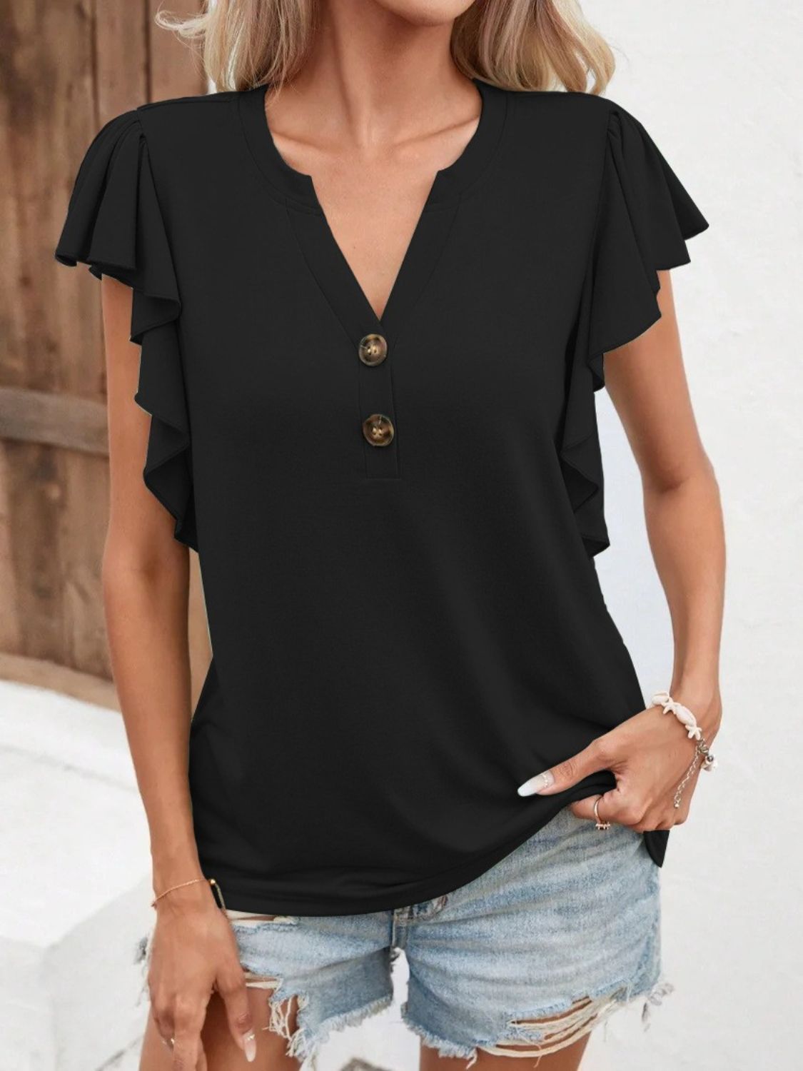 STUNNLY  Full Size Ruffled Notched Cap Sleeve T-Shirt Black S 