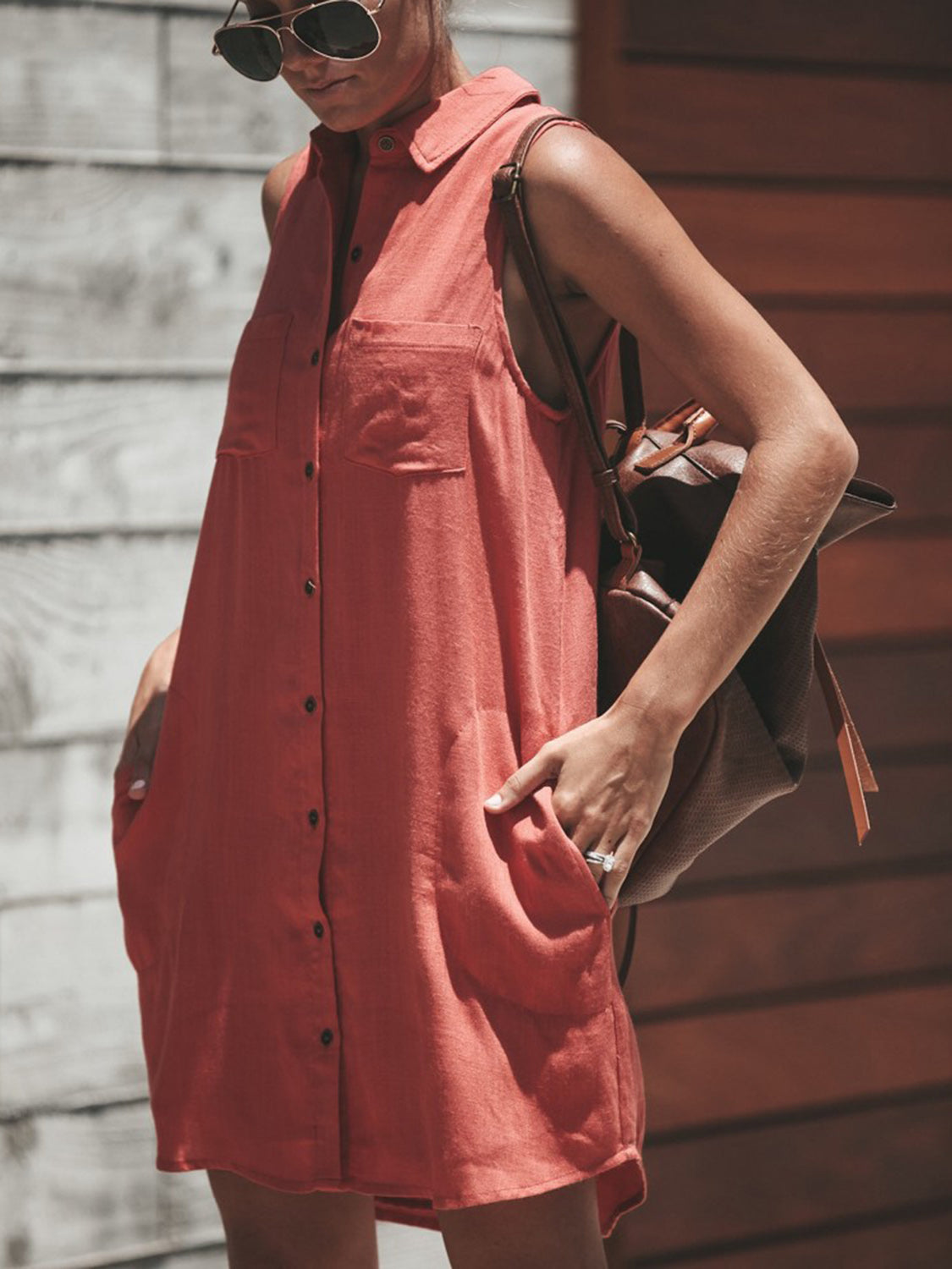 STUNNLY  Snap Down Sleeveless Mini Dress Burnt Coral S 