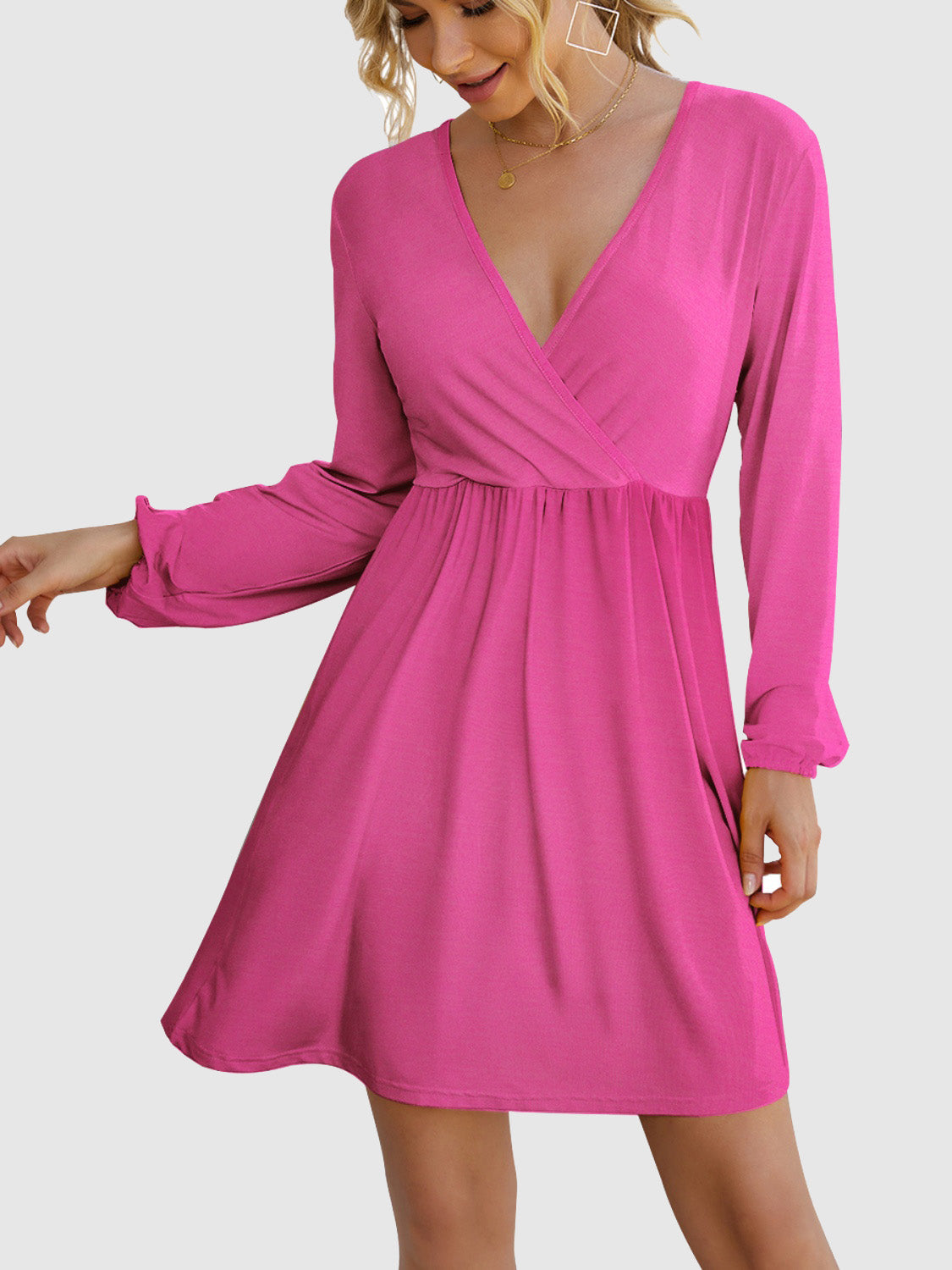 Surplice Long Sleeve Mini Dress Deep Rose S 