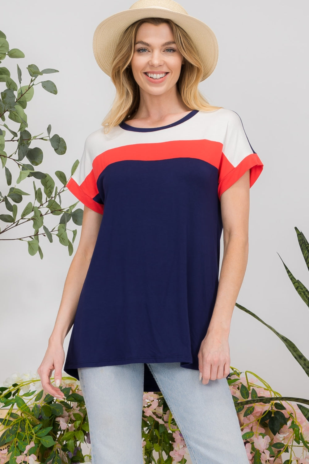 Celeste Full Size Color Block Round Neck Short Sleeve T-Shirt Navy S 