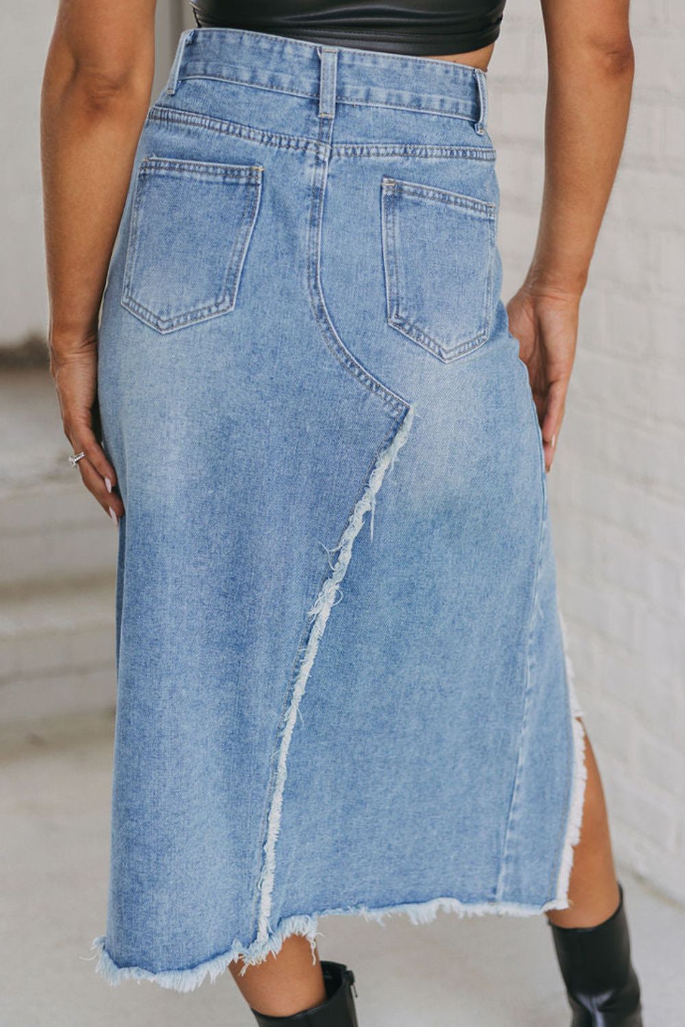 STUNNLY  Raw Hem Slit Denim Skirt with Pockets   