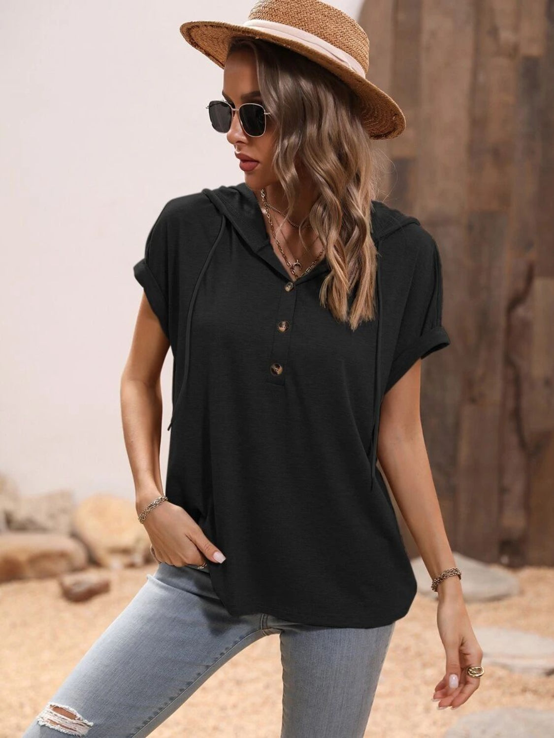 Half Button Hooded Short Sleeve Blouse   