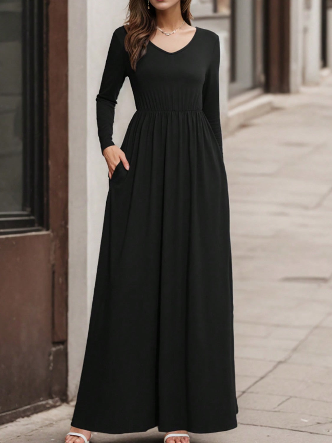 Pocketed V-Neck Long Sleeve Maxi Dress Black S 