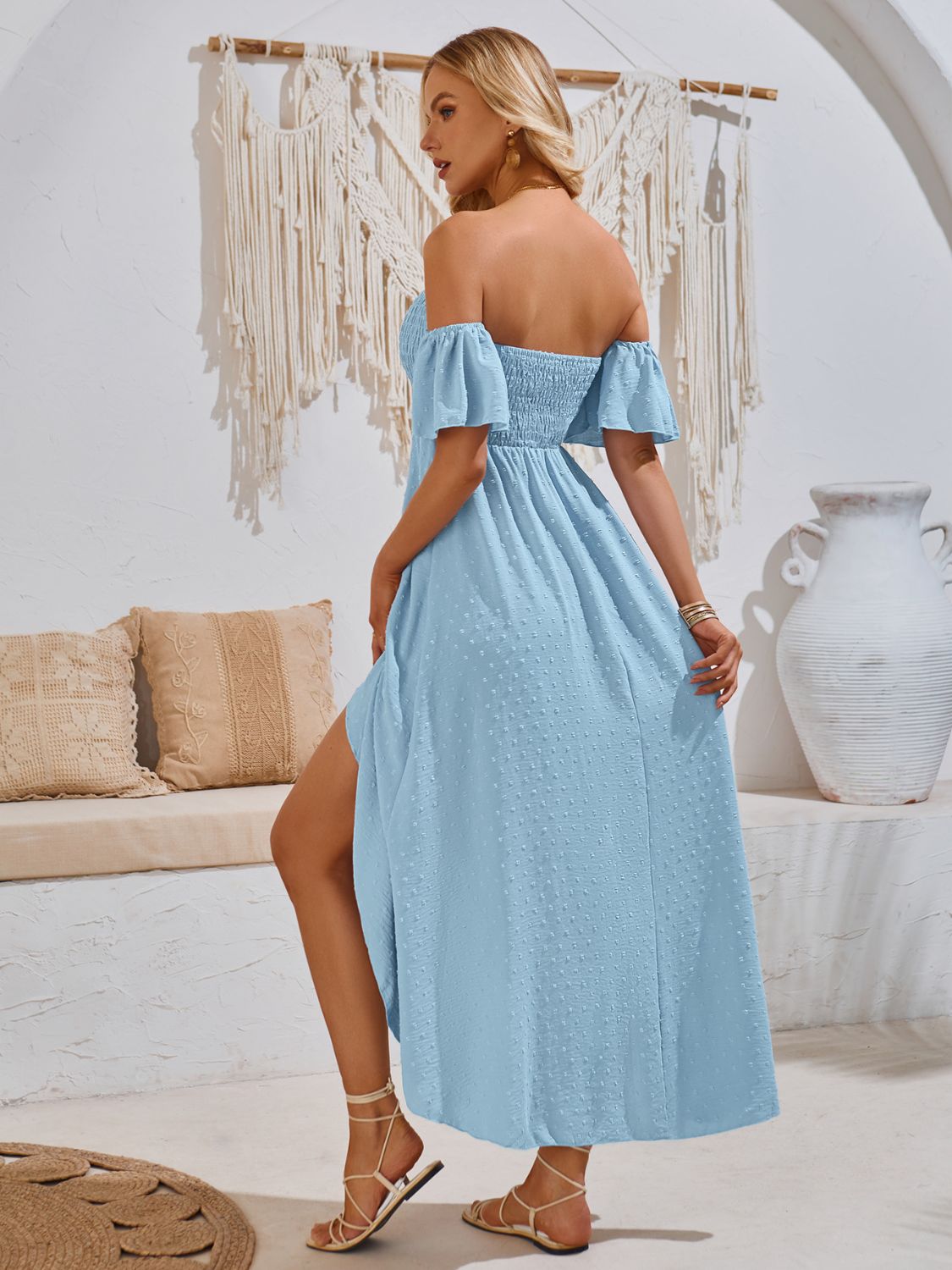 High-Low Smocked Short Sleeve Midi Dress   