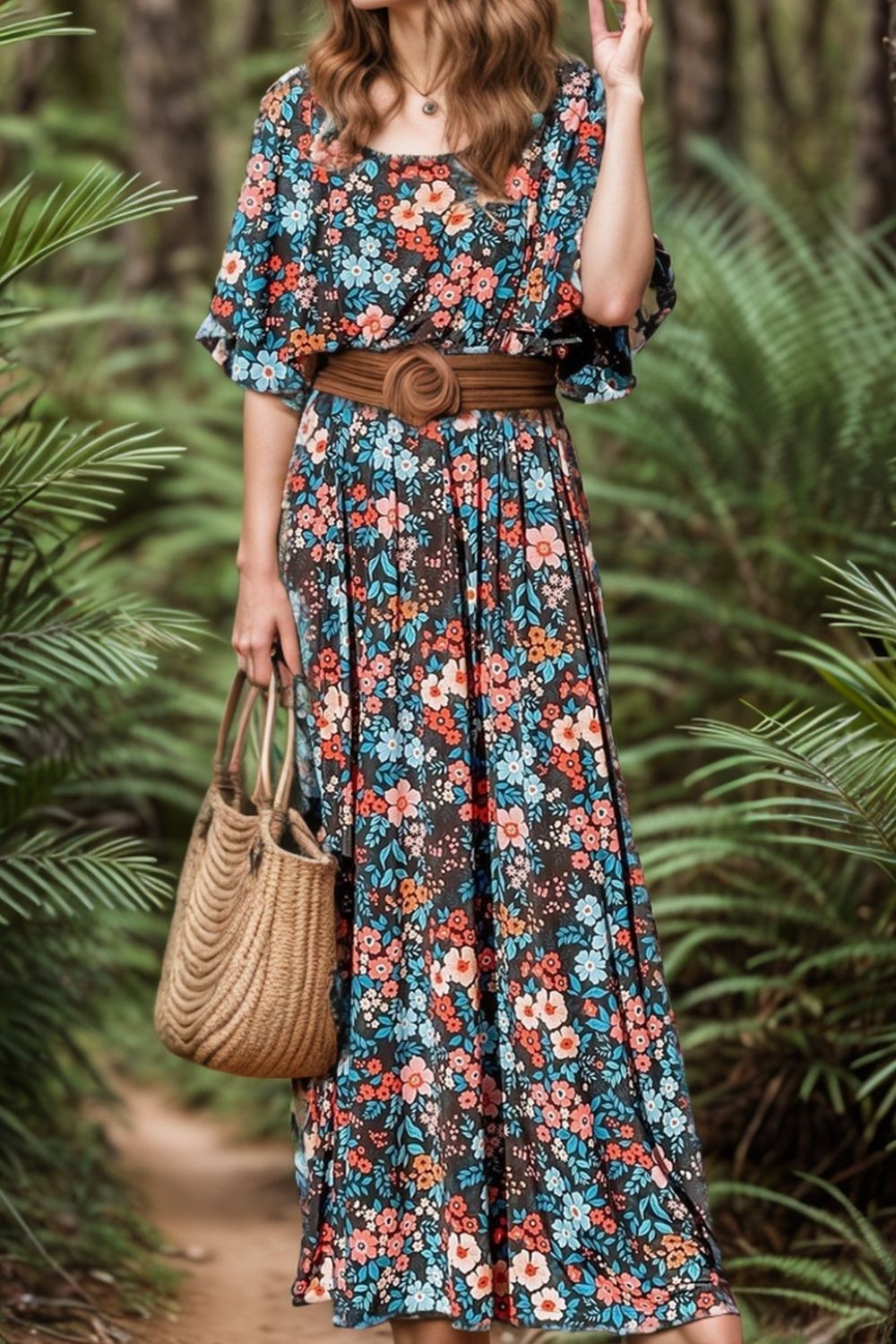 Tied Printed Round Neck Half Sleeve Dress Floral S 