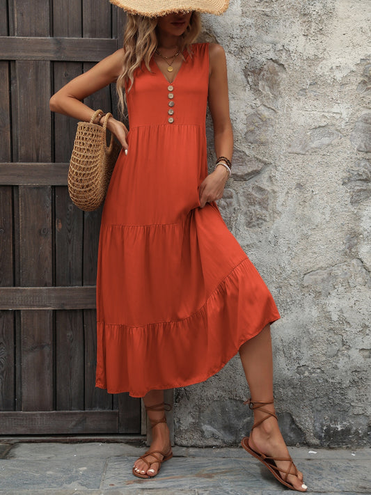 Decorative Button Notched Sleeveless Dress Orange-Red S 