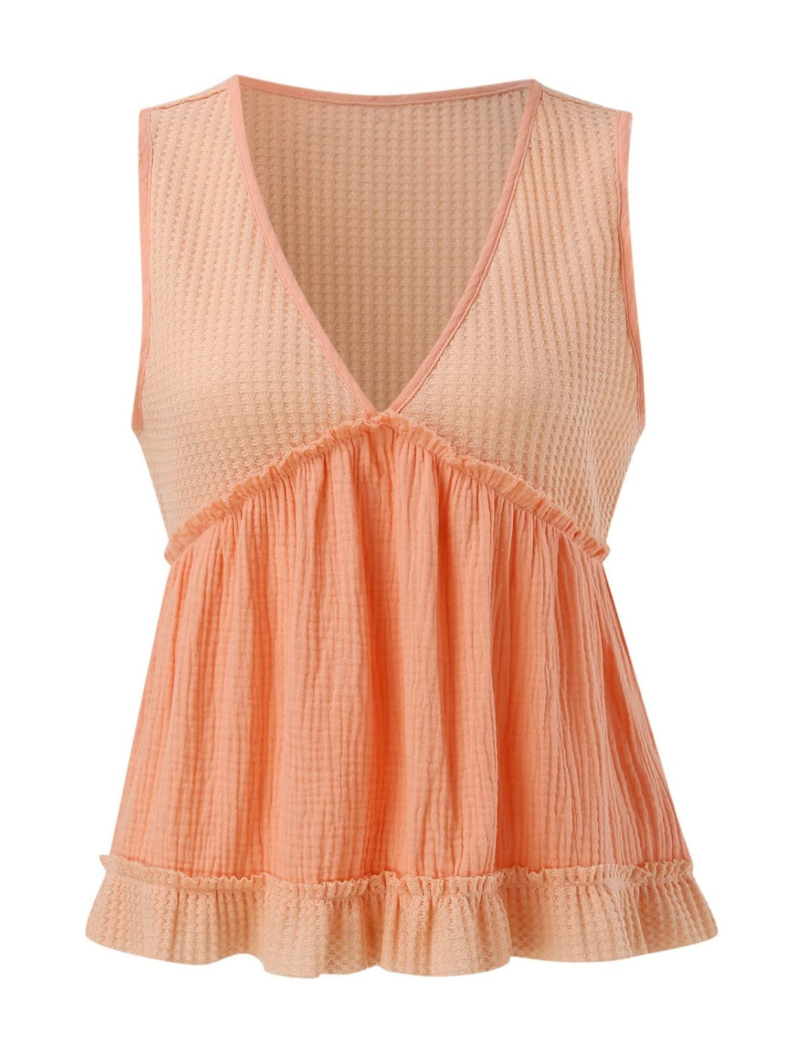 STUNNLY  Waffle-Knit Frill V-Neck Tank   