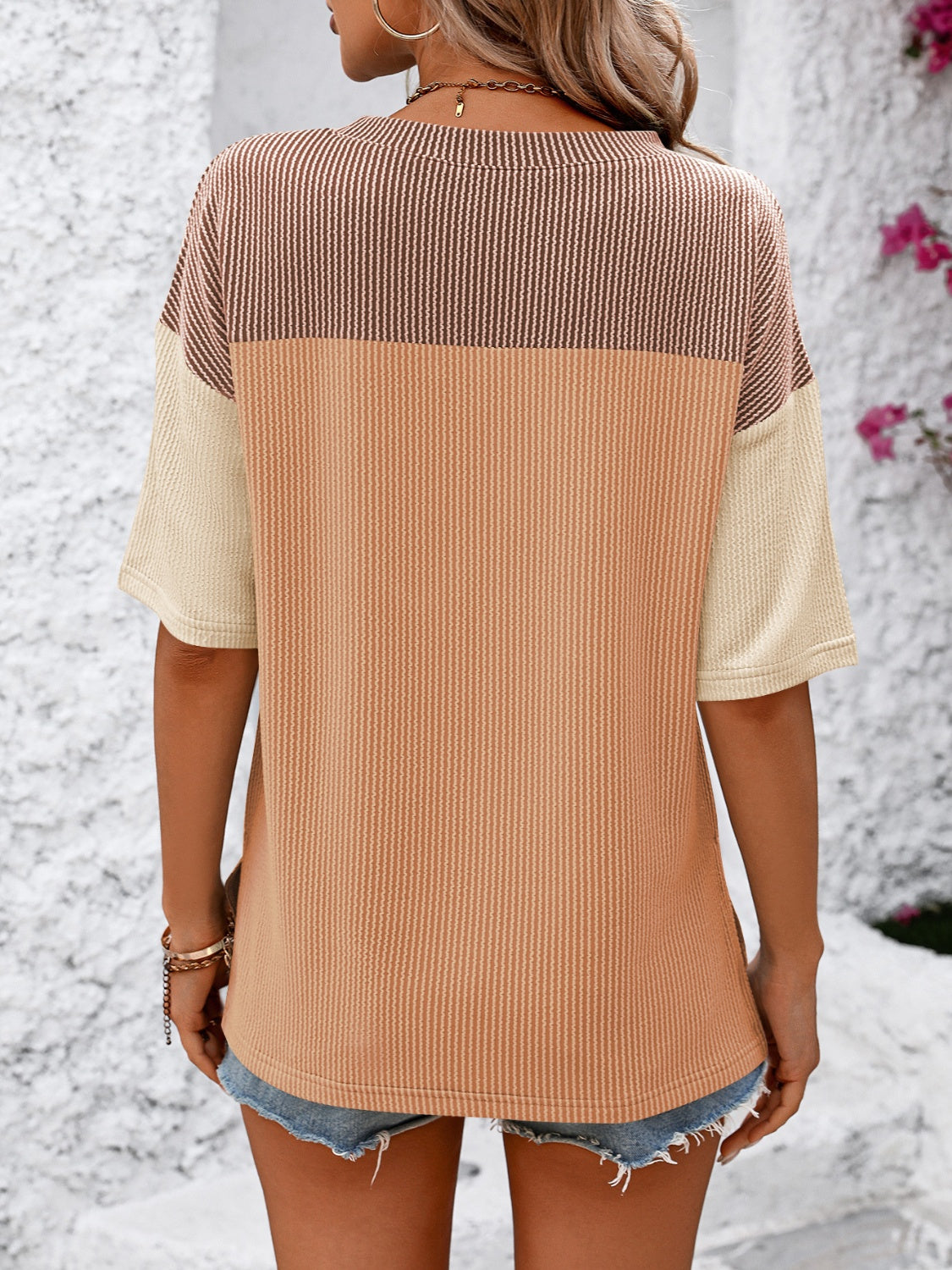 STUNNLY  Color Block Round Neck Half Sleeve T-Shirt   