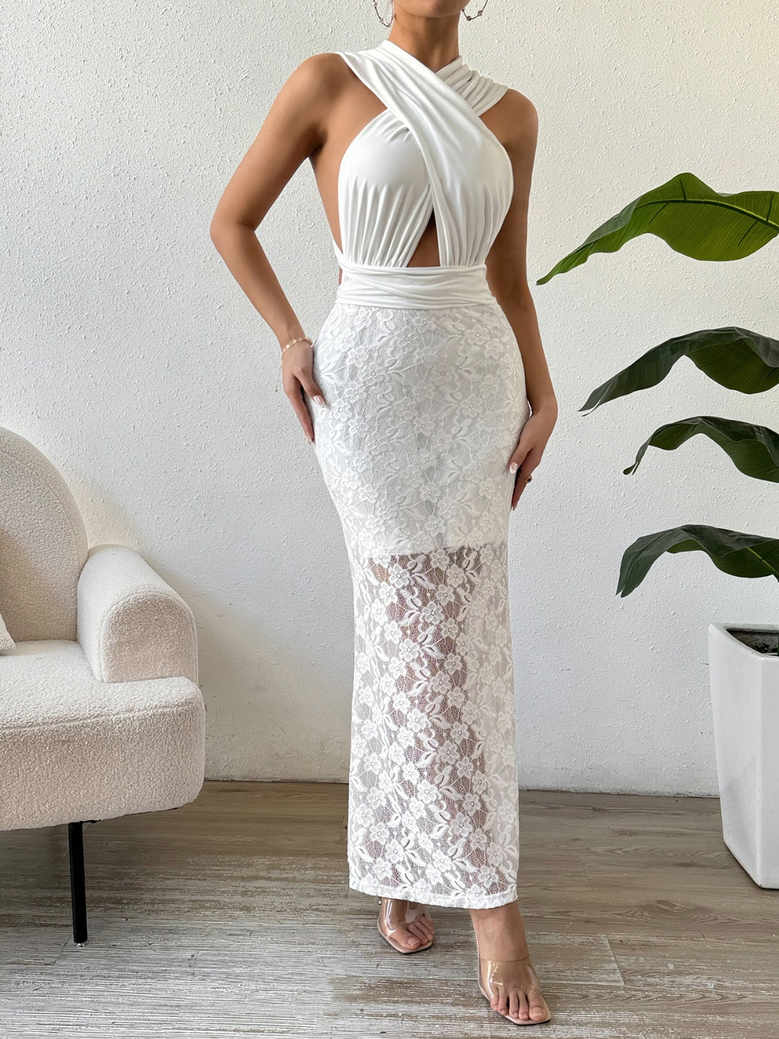 Lace Crisscross Sleeveless Maxi Dress   