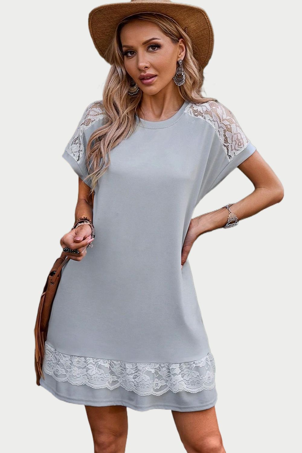 Lace Detail Round Neck Short Sleeve Dress   