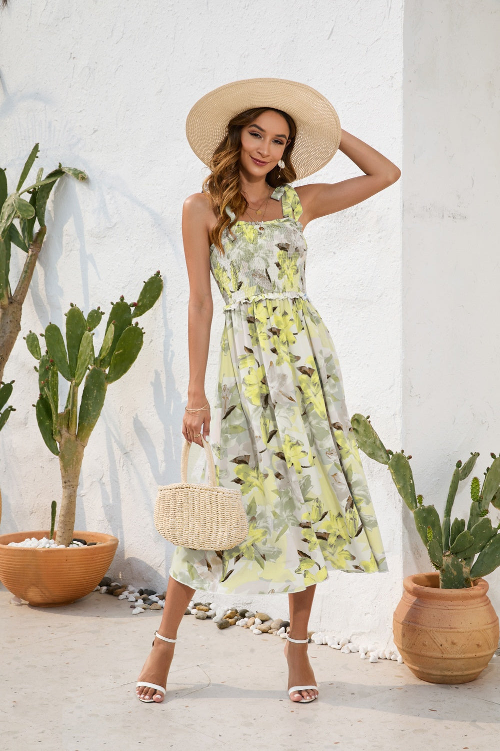 STUNNLY  Smocked Printed Square Neck Midi Dress Yellow Green S 