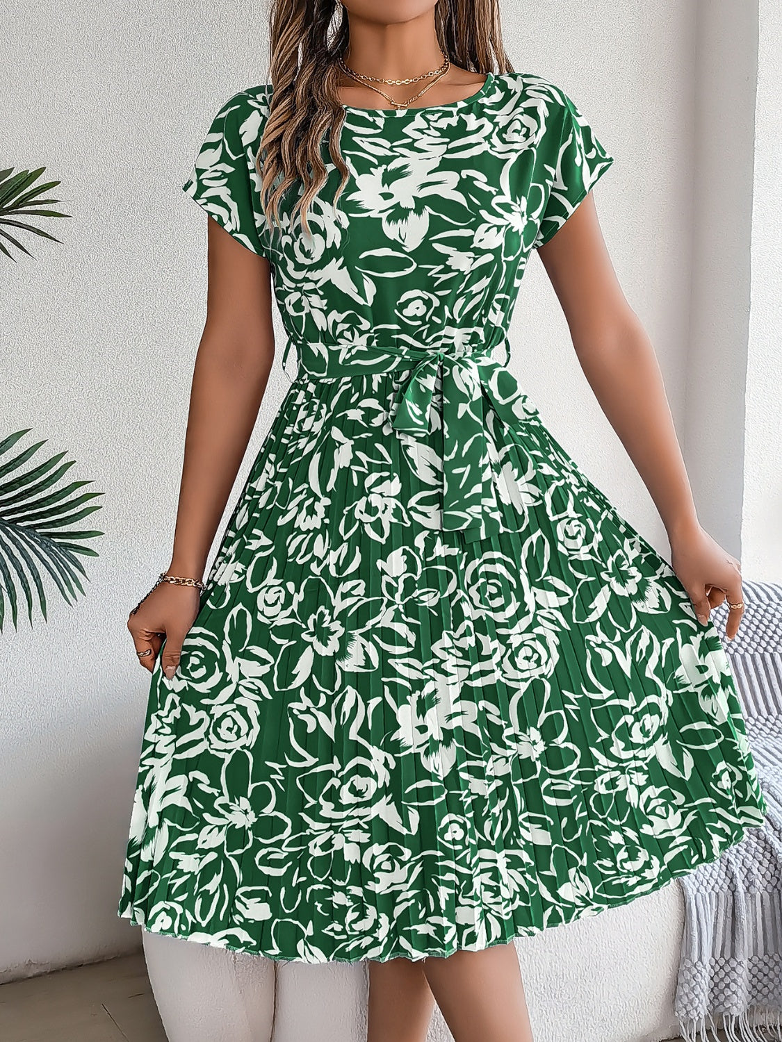 Tied Pleated Printed Short Sleeve Dress   