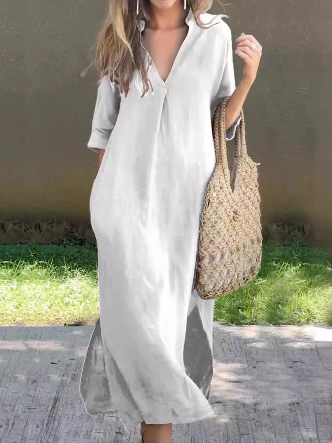 Full Size Notched Half Sleeve Midi Dress White S 