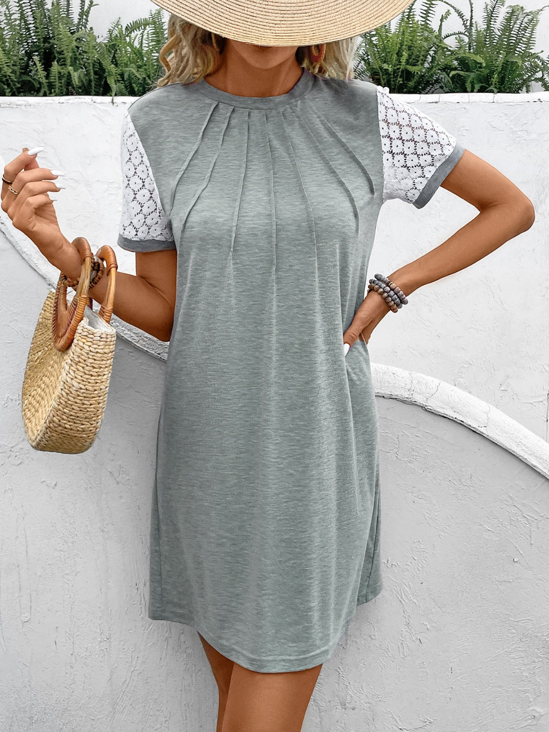 Lace Detail Round Neck Short Sleeve Mini Dress Gray S 