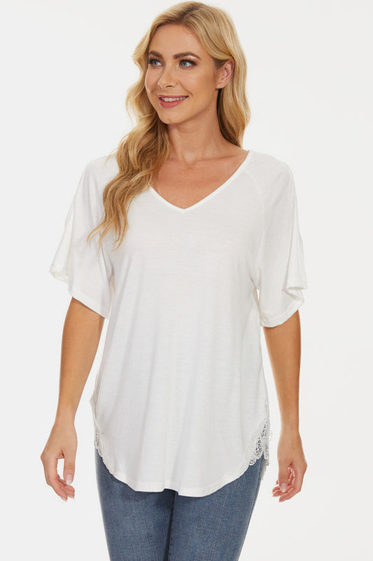 STUNNLY  Cutout V-Neck Short Sleeve T-Shirt White S 