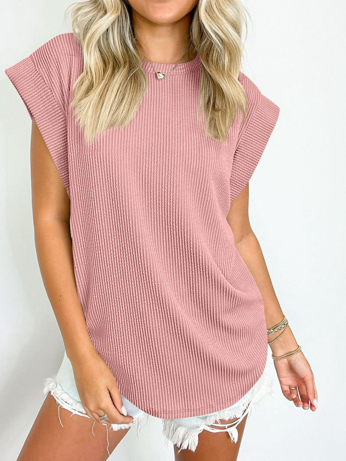 Textured Round Neck Cap Sleeve Blouse   