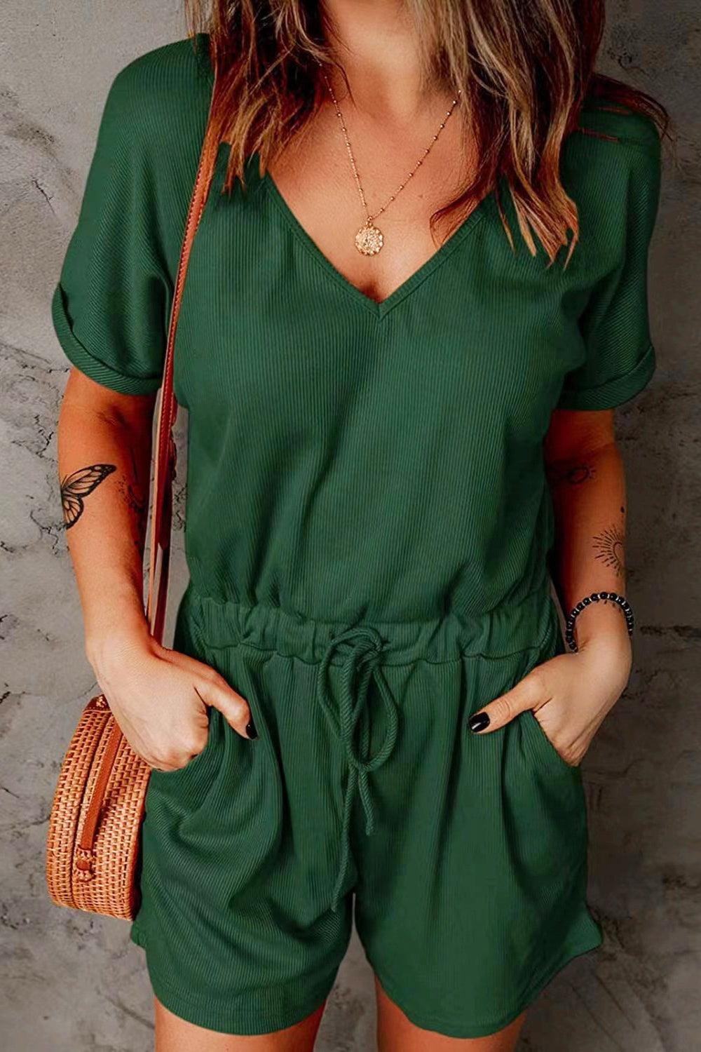 Full Size Drawstring V-Neck Short Sleeve Romper Green S 