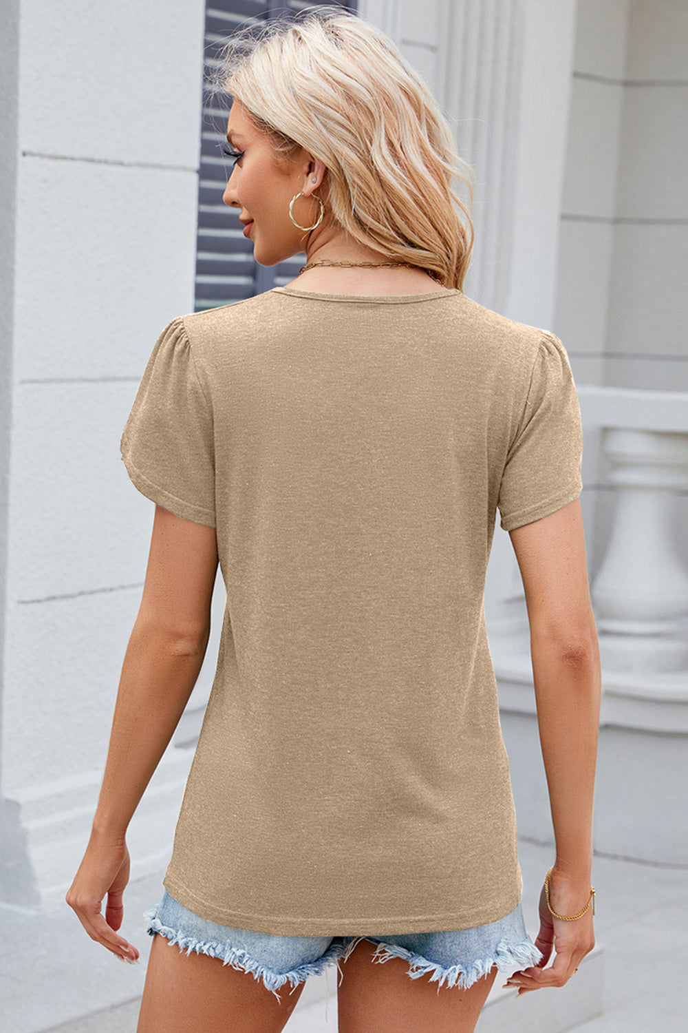 STUNNLY  Decorative Button V-Neck Short Sleeve T-Shirt   