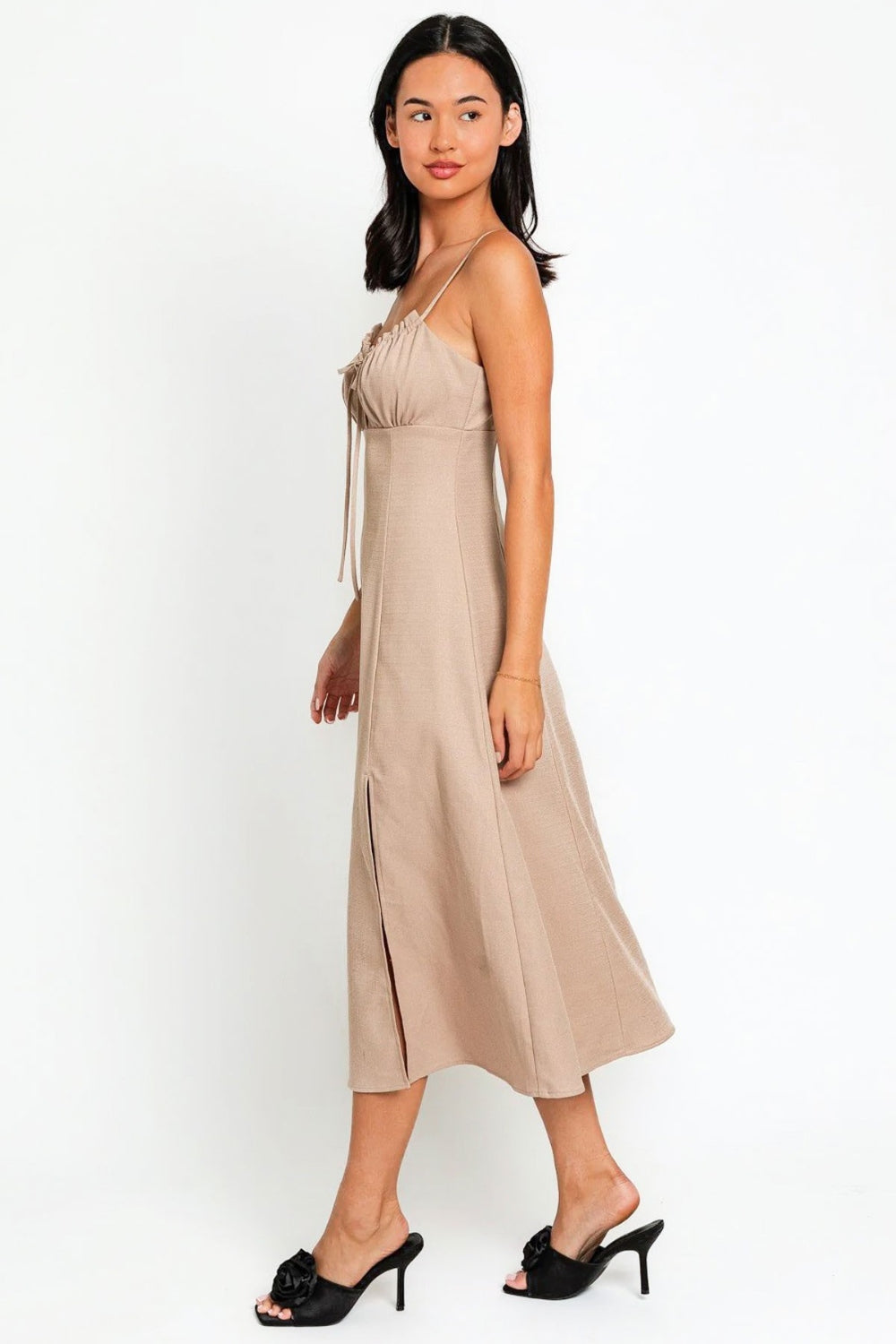 STUNNLY  Tasha Apparel Flare Front Tie Front Slit Midi Dress   