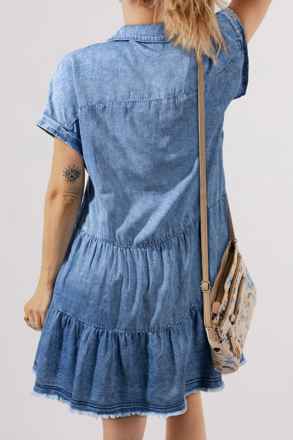 Raw Hem Collared Neck Short Sleeve Denim Dress   