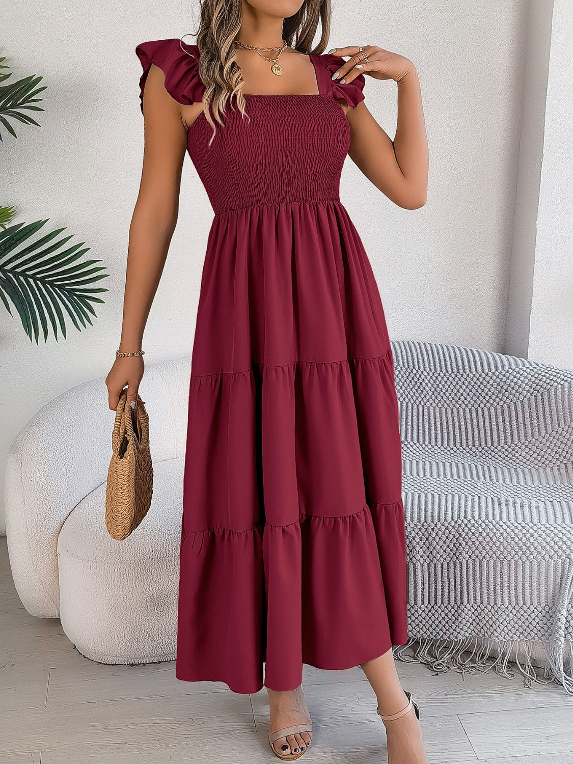 Smocked Square Neck Cap Sleeve Midi Dress Burgundy S 