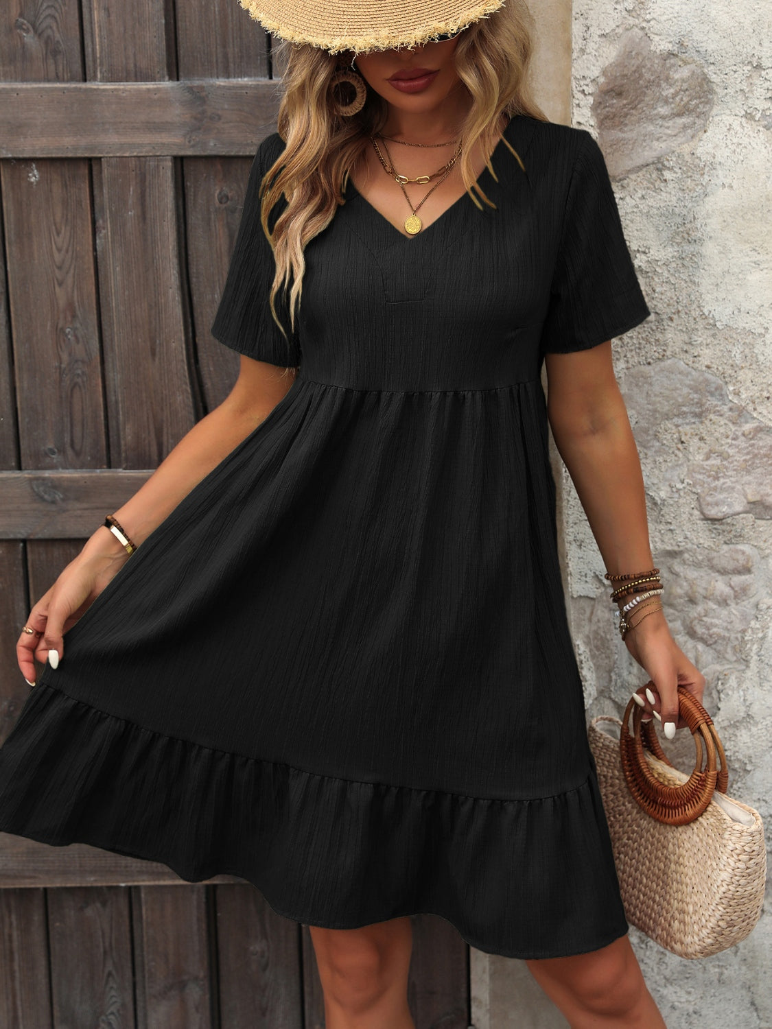 V-Neck Short Sleeve Mini Dress Black S 