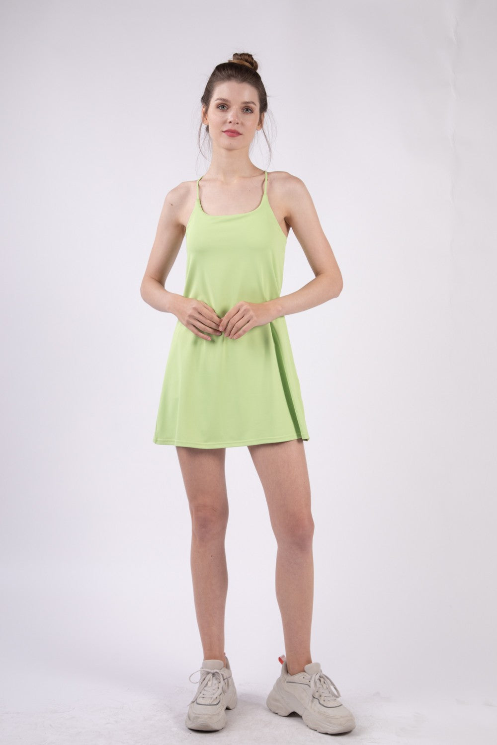 VERY J Sleeveless Active Tennis Dress with Unitard Liner Lime S 