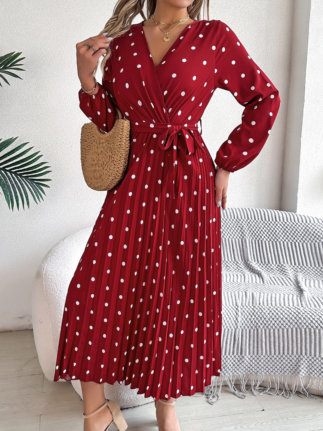 Tied Polka Dot Long Sleeve Midi Dress Burgundy S 