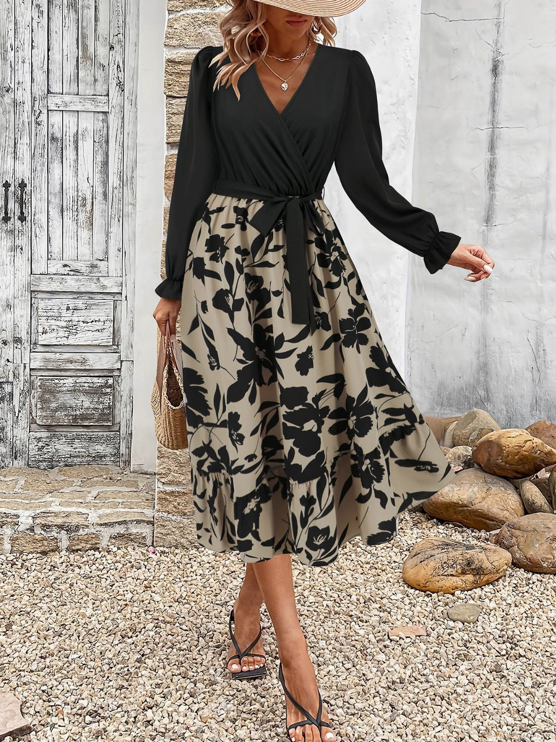 Tied Ruffled Printed Long Sleeve Dress   