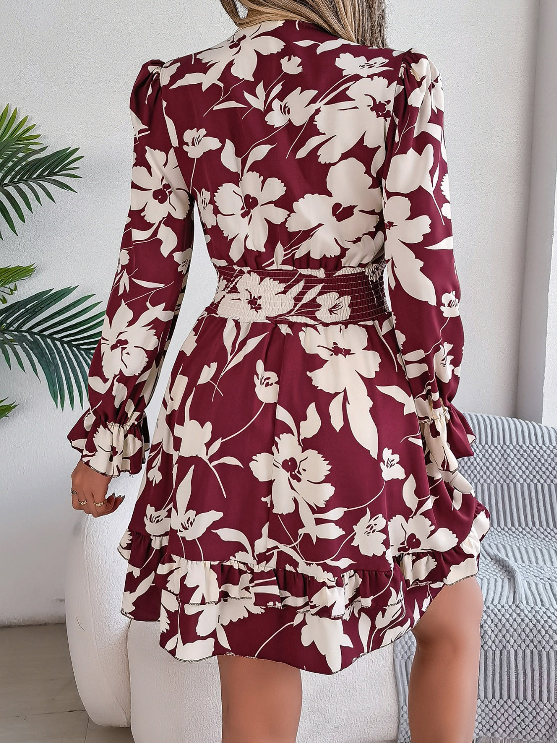 Tied Ruffled Printed Long Sleeve Dress   